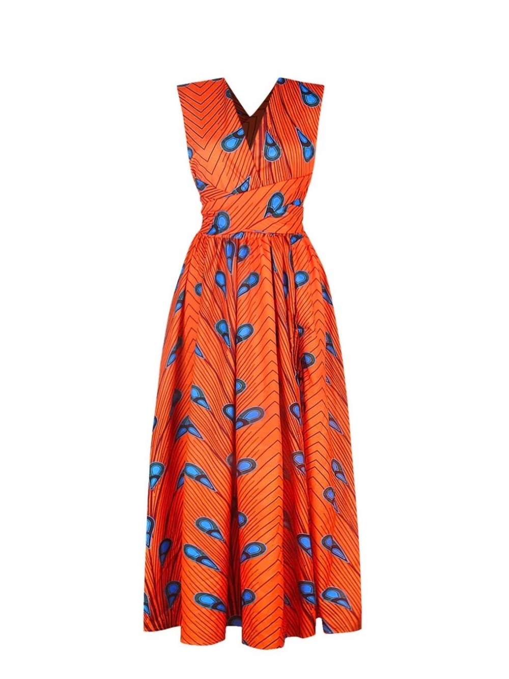 Red V-Neck Maxi Dress with Blue Teardrop Print